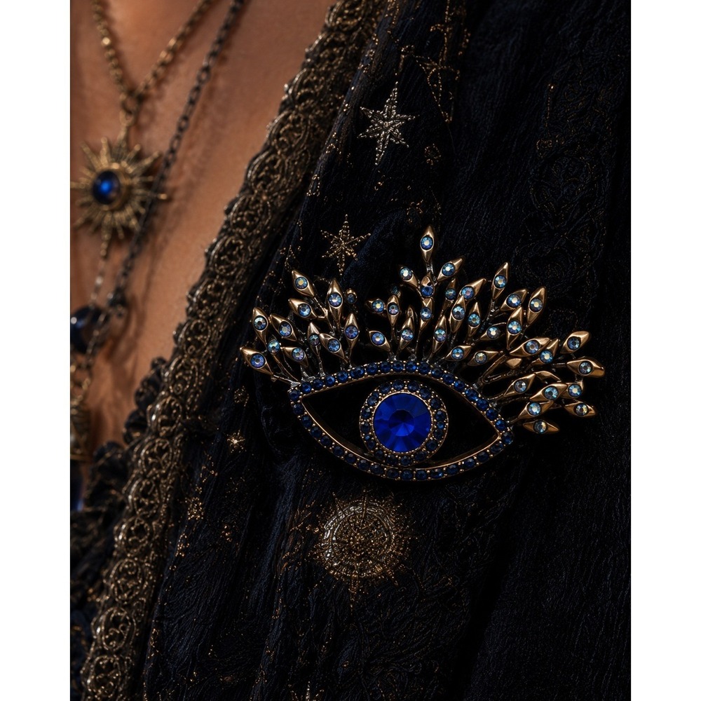 Womens Evil Eye Brooch Pin 2 Piece Set OS Blue Gold Rhinestone Crystal Statement - Picture 2 of 7